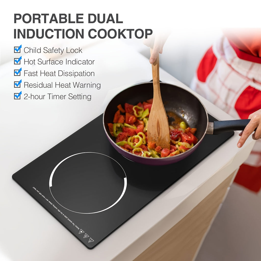20 Inch Double Induction Cooktop 2 Burner, 2300W Electric Stove Top 120V Portable Countertop Or Built-in, 9 Power Levels, Child Safety Lock, Timer, Fast Boil, Ultra Thin for Kitchen Apartment RV