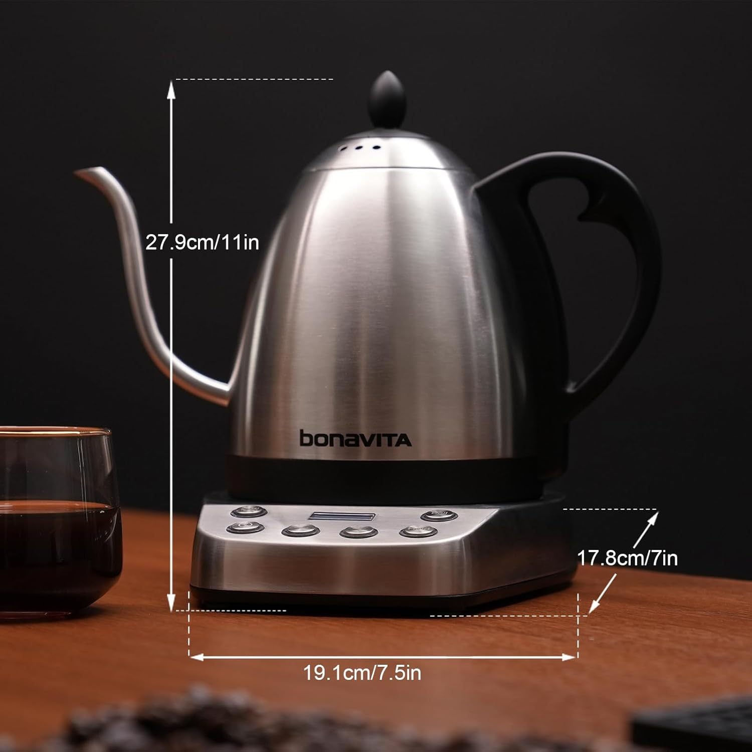 Electric Gooseneck Kettle 1L – Bonavita, Stainless Steel, Temp Control, Fast Boil