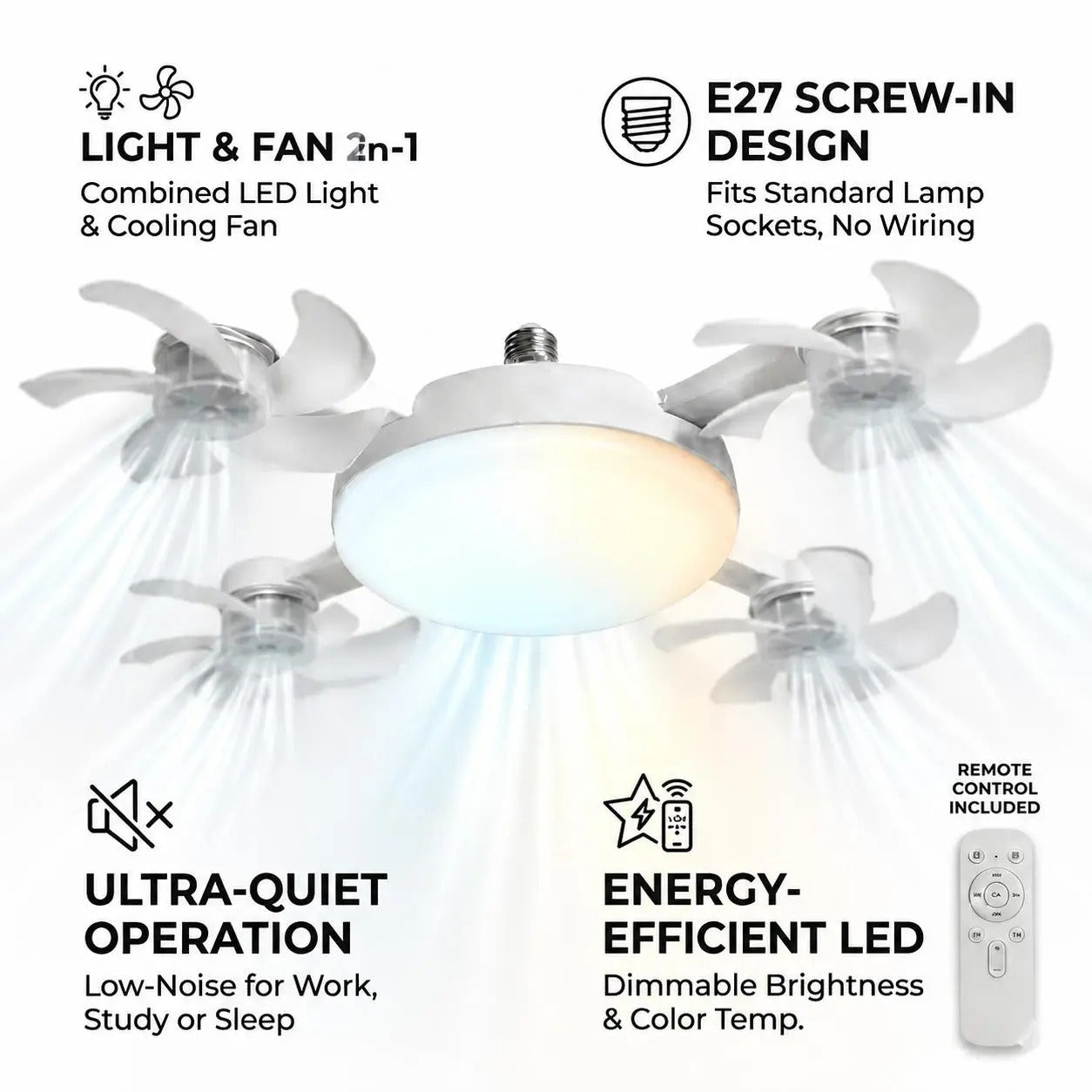 2026 New E27 Socket Ceiling Fan Light - 2-in-1 Silent LED Fan with Remote Control, Energy-Saving Cooling & Lighting Combo for Home Bedroom