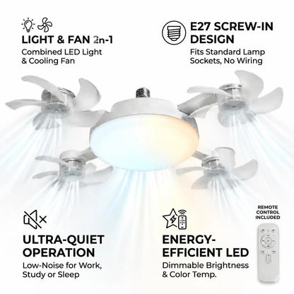 2026 New E27 Socket Ceiling Fan Light - 2-in-1 Silent LED Fan with Remote Control, Energy-Saving Cooling & Lighting Combo for Home Bedroom