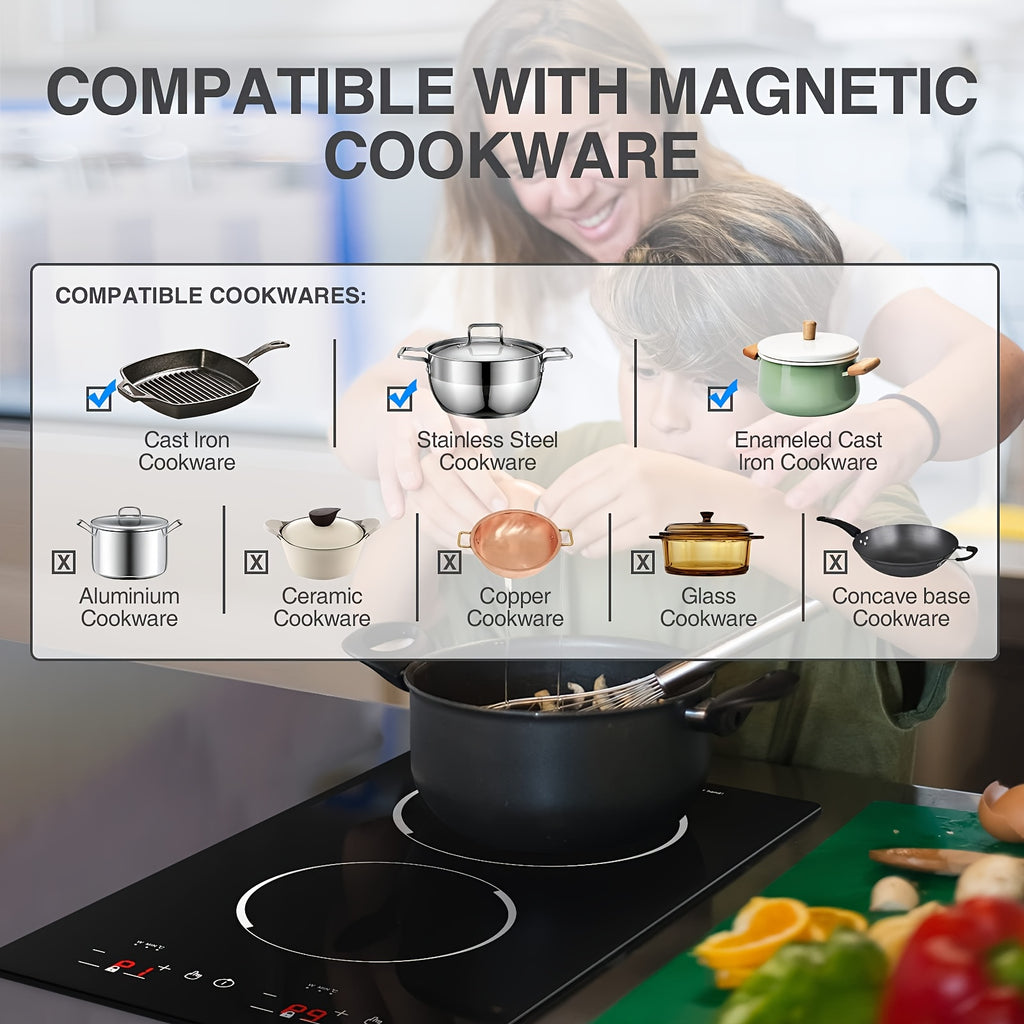 20 Inch Double Induction Cooktop 2 Burner, 2300W Electric Stove Top 120V Portable Countertop Or Built-in, 9 Power Levels, Child Safety Lock, Timer, Fast Boil, Ultra Thin for Kitchen Apartment RV