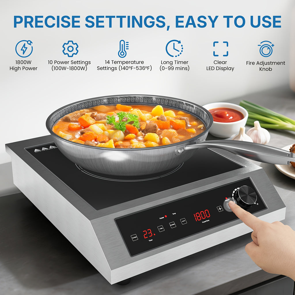 1800W Portable Induction Cooktop, Commercial Hot Plates, Commercial-Grade Electric Countertop Burner with Timer, Induction Hot Plate with LED Screen, 10 Power (100W-1800W), 14 Temp Setting (140°F-536°F)