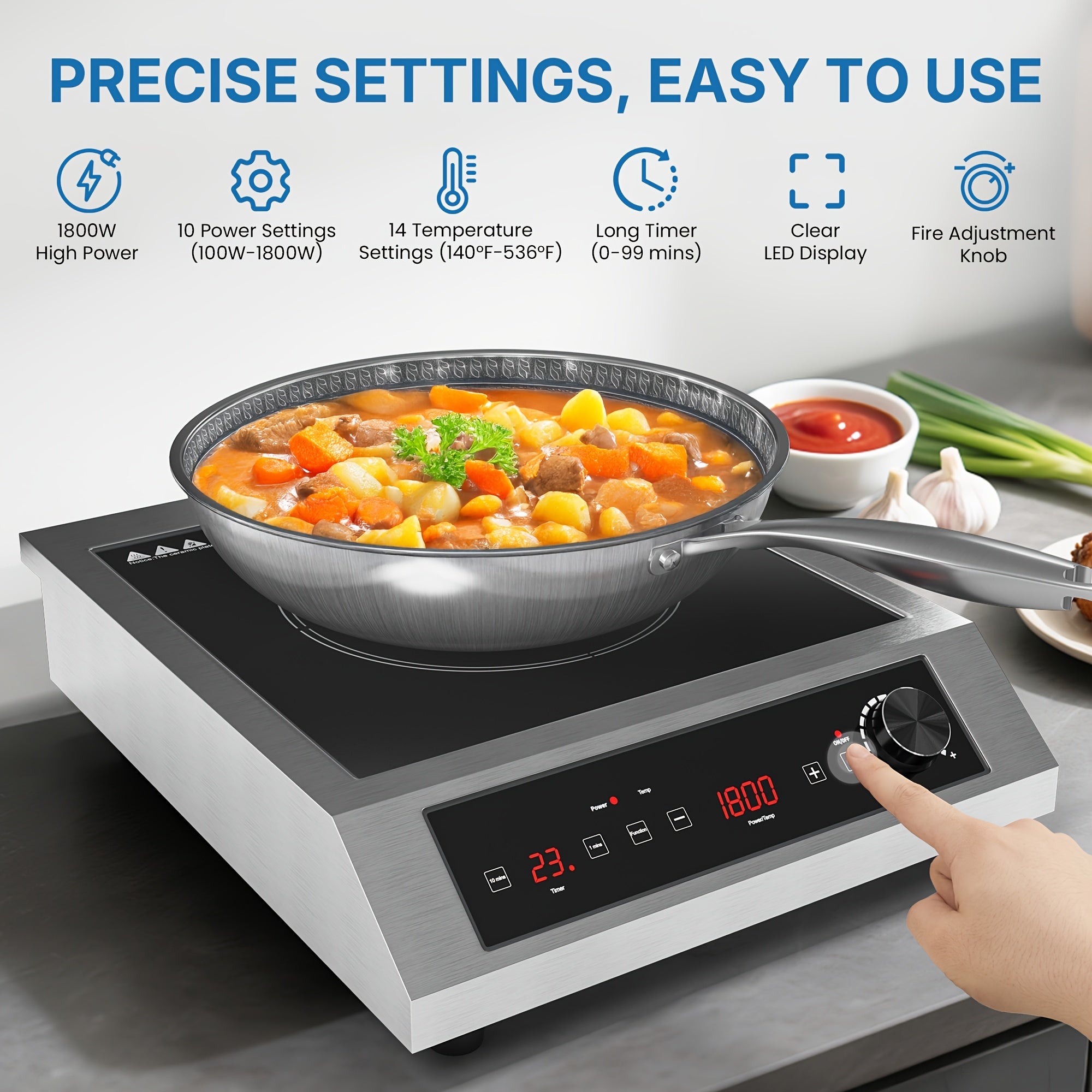 1800W Portable Induction Cooktop, Commercial Hot Plates, Commercial-Grade Electric Countertop Burner with Timer, Induction Hot Plate with LED Screen, 10 Power (100W-1800W), 14 Temp Setting (140°F-536°F)