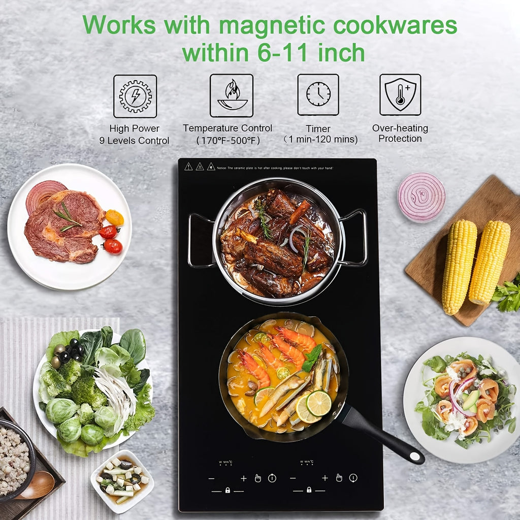 20 Inch Double Induction Cooktop 2 Burner, 2300W Electric Stove Top 120V Portable Countertop Or Built-in, 9 Power Levels, Child Safety Lock, Timer, Fast Boil, Ultra Thin for Kitchen Apartment RV