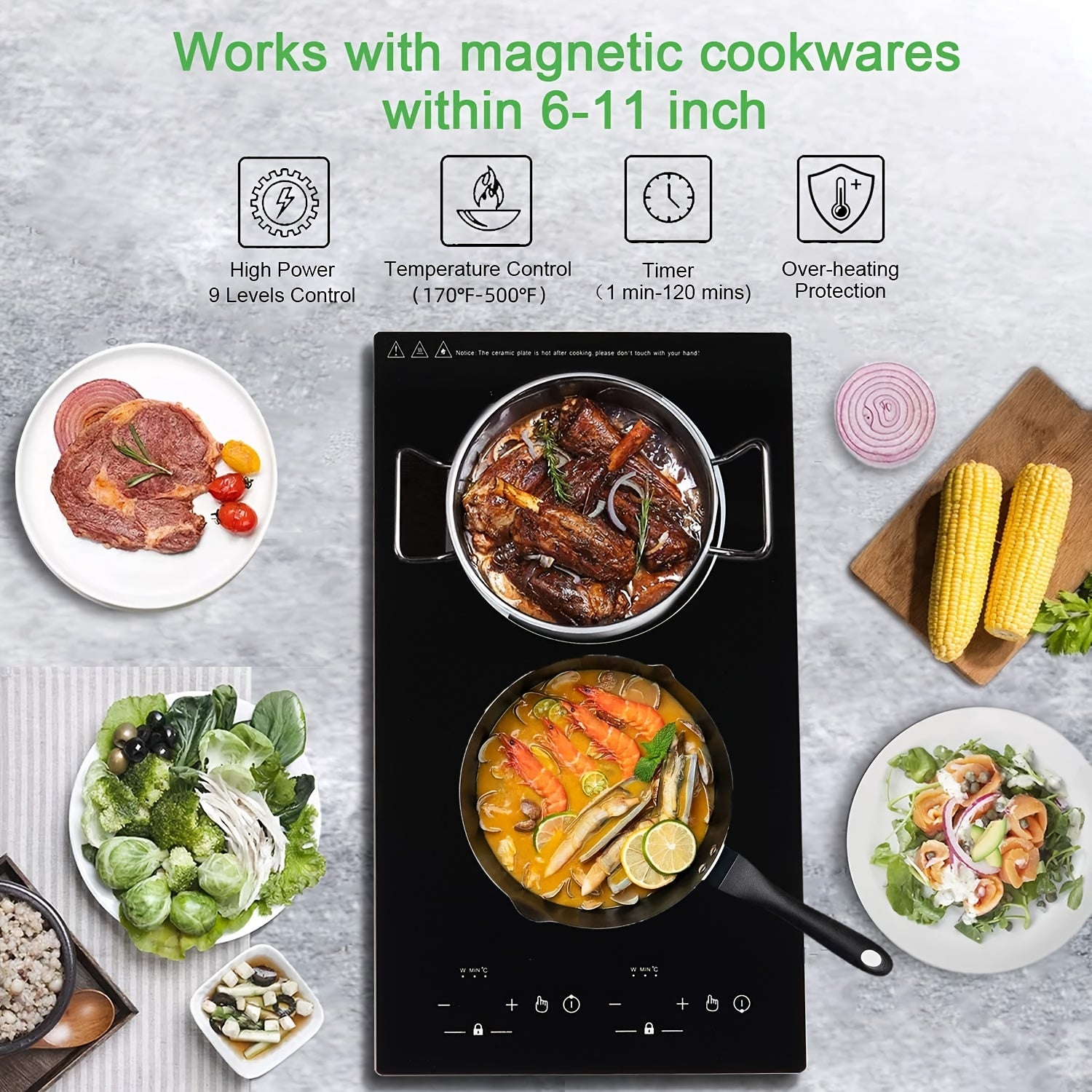 20 Inch Double Induction Cooktop 2 Burner, 2300W Electric Stove Top 120V Portable Countertop Or Built-in, 9 Power Levels, Child Safety Lock, Timer, Fast Boil, Ultra Thin for Kitchen Apartment RV