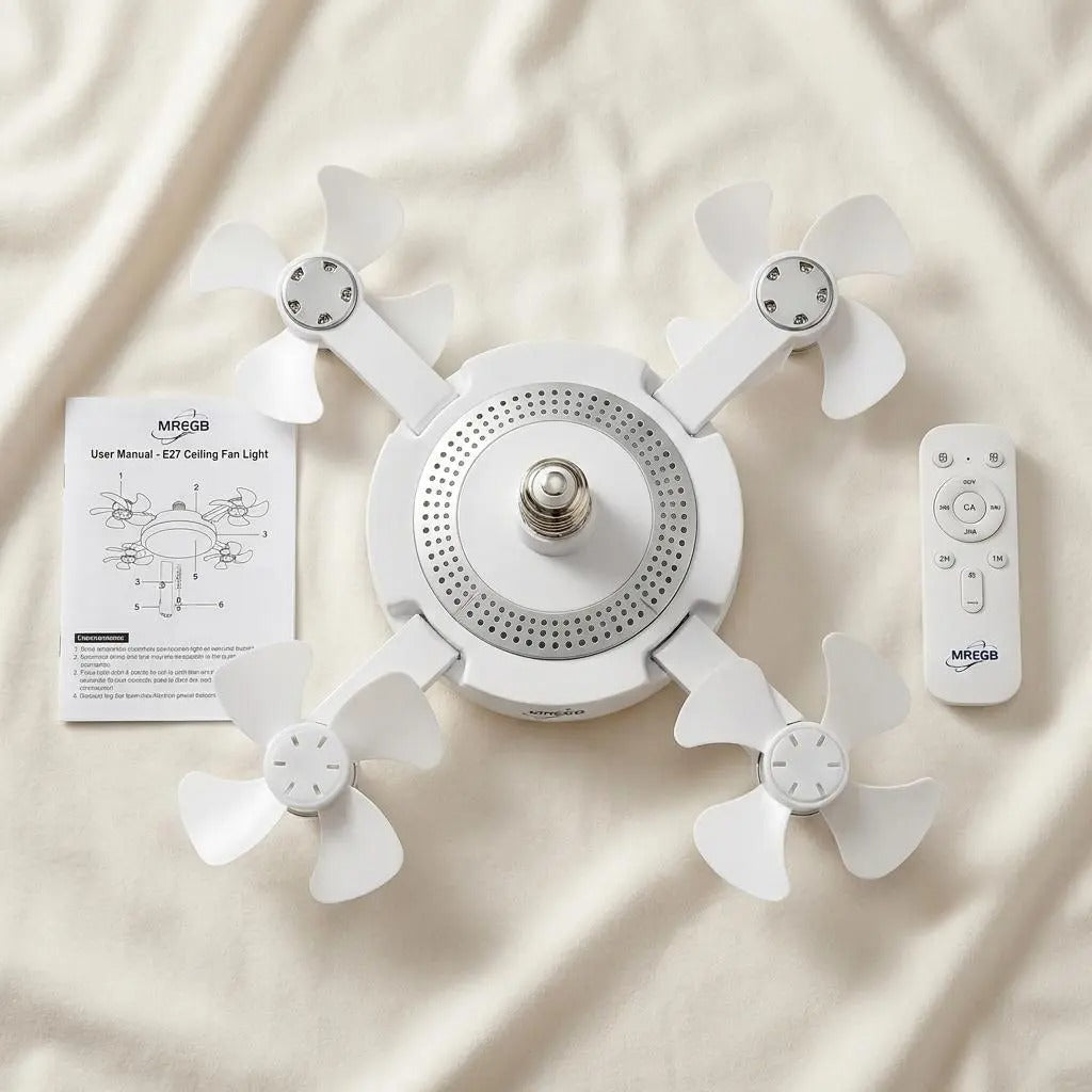 2026 New E27 Socket Ceiling Fan Light - 2-in-1 Silent LED Fan with Remote Control, Energy-Saving Cooling & Lighting Combo for Home Bedroom