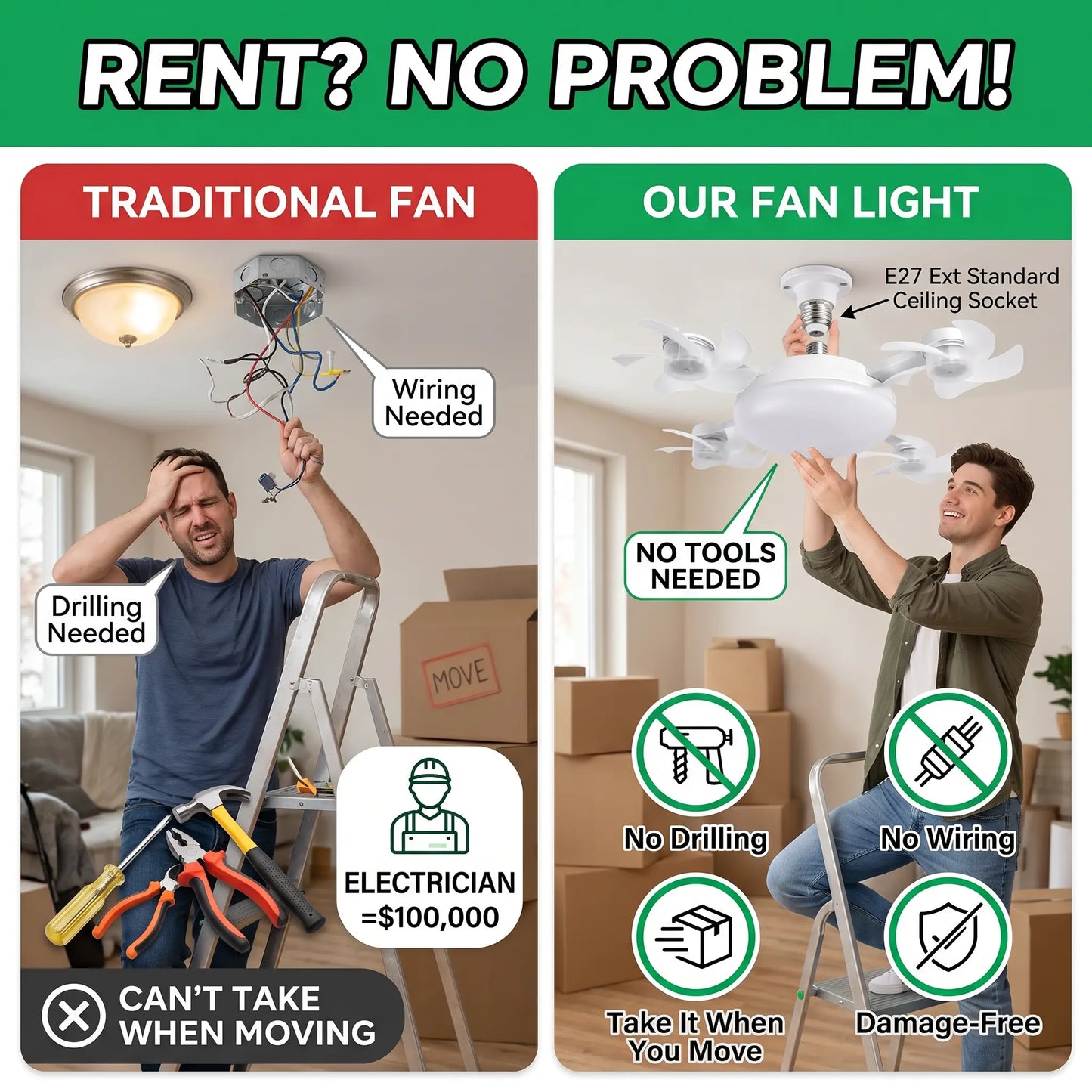 2026 New E27 Socket Ceiling Fan Light - 2-in-1 Silent LED Fan with Remote Control, Energy-Saving Cooling & Lighting Combo for Home Bedroom