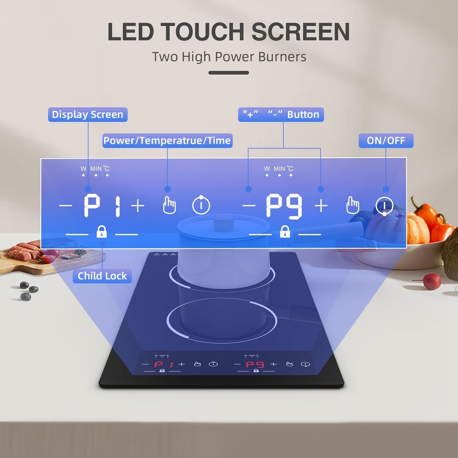 20 Inch Double Induction Cooktop 2 Burner, 2300W Electric Stove Top 120V Portable Countertop Or Built-in, 9 Power Levels, Child Safety Lock, Timer, Fast Boil, Ultra Thin for Kitchen Apartment RV