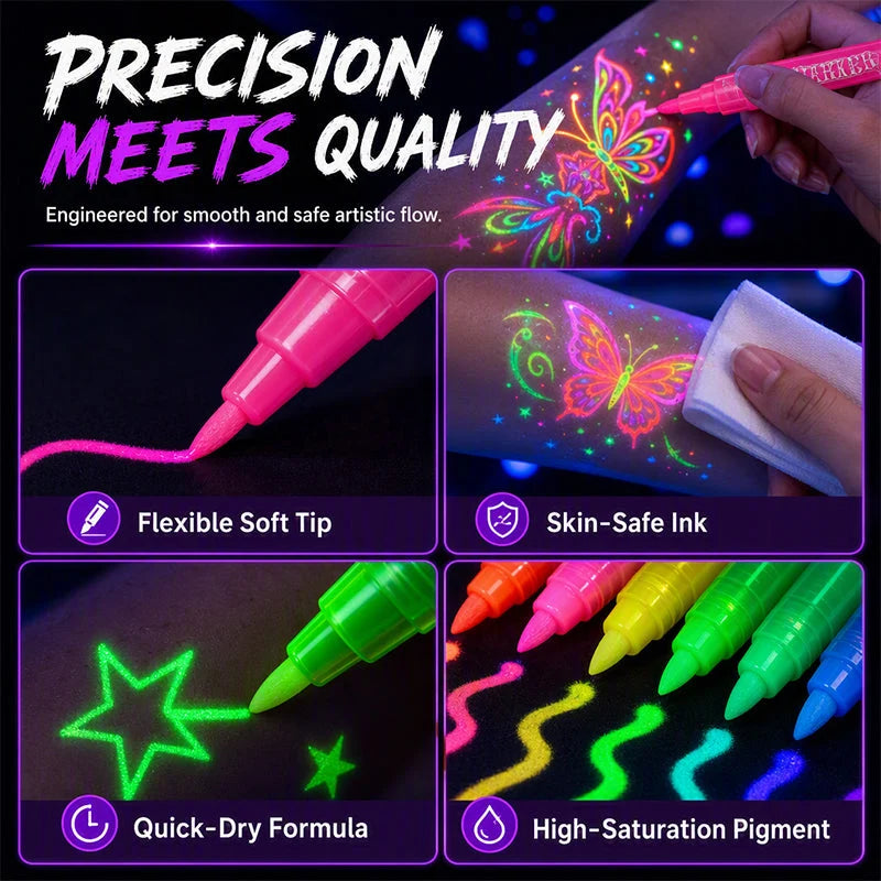 ✨ Glow Tattoo Pens – UV Neon Colors for Parties & Festivals, Waterproof & Easily Washable