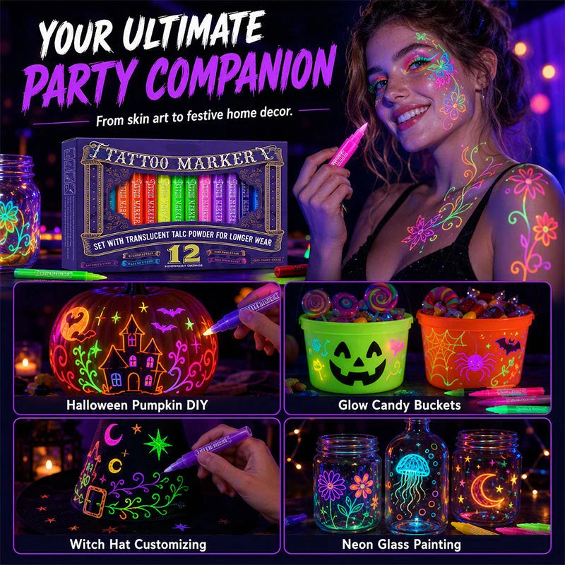 ✨ Glow Tattoo Pens – UV Neon Colors for Parties & Festivals, Waterproof & Easily Washable