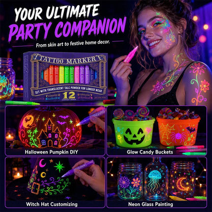 ✨ Glow Tattoo Pens – UV Neon Colors for Parties & Festivals, Waterproof & Easily Washable