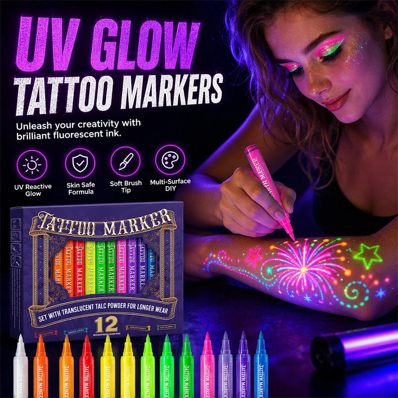 ✨ Glow Tattoo Pens – UV Neon Colors for Parties & Festivals, Waterproof & Easily Washable