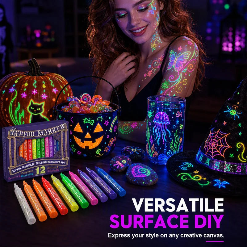 ✨ Glow Tattoo Pens – UV Neon Colors for Parties & Festivals, Waterproof & Easily Washable