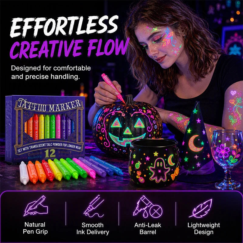 ✨ Glow Tattoo Pens – UV Neon Colors for Parties & Festivals, Waterproof & Easily Washable