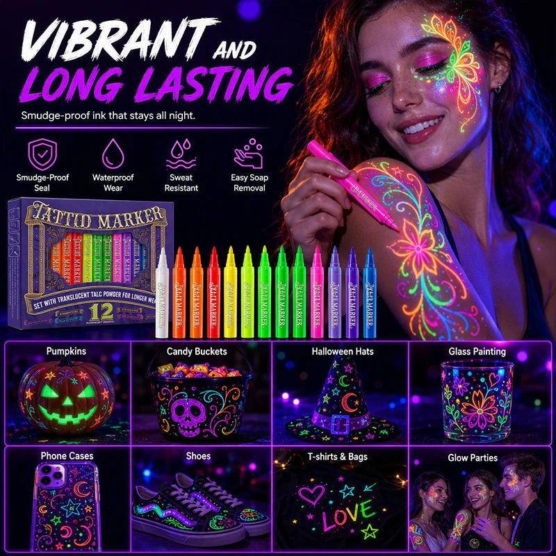 ✨ Glow Tattoo Pens – UV Neon Colors for Parties & Festivals, Waterproof & Easily Washable