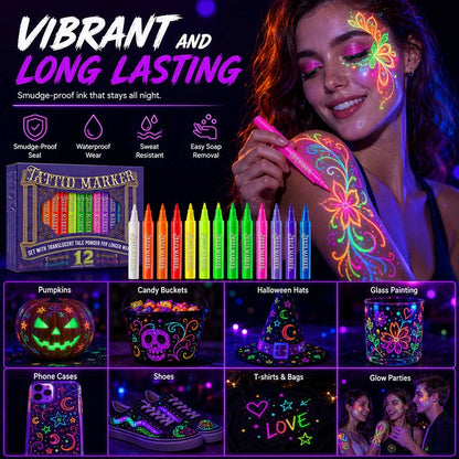 ✨ Glow Tattoo Pens – UV Neon Colors for Parties & Festivals, Waterproof & Easily Washable