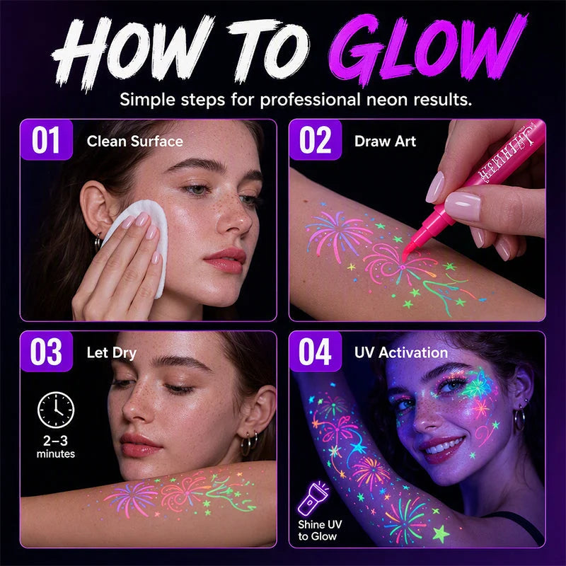 ✨ Glow Tattoo Pens – UV Neon Colors for Parties & Festivals, Waterproof & Easily Washable